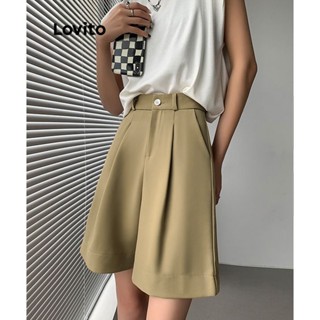 Lovito Shorts Simples com Drapê Básico para Mulheres LNE16153 (Cáqui)