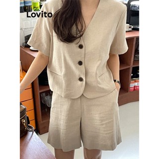Lovito Casual Conjunto Feminino Liso de Shorts com Botão e Bolso LNA24105 (Damasco)