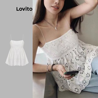 Lovito Blusa Boho com Amarração, Babados e Bordado de Entremeio para Mulheres L74ED138 (Branco)