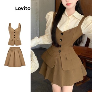 Lovito Conjunto de Saia com Botões Falsos e Bolsos para Mulheres L73AD057