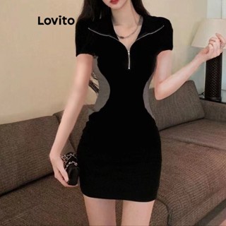 Lovito Sexy Vestido com Zíper e Blocos de Cor para Mulheres LNA20148 (Preto)