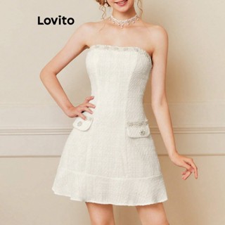 Lovito Elegante Vestido Feminino Liso de Jacquard com Pérolas e Bolso Falso L74ED173