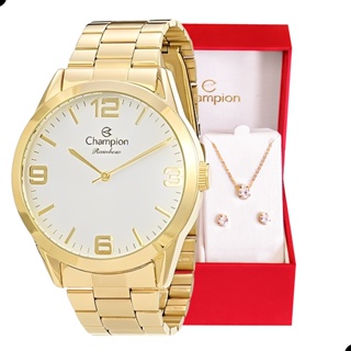 Relógio Champion Feminino Analógico Dourado + Kit de Brincos e Colar Original Prova d'Água CN29892Z em Oferta na Shopee