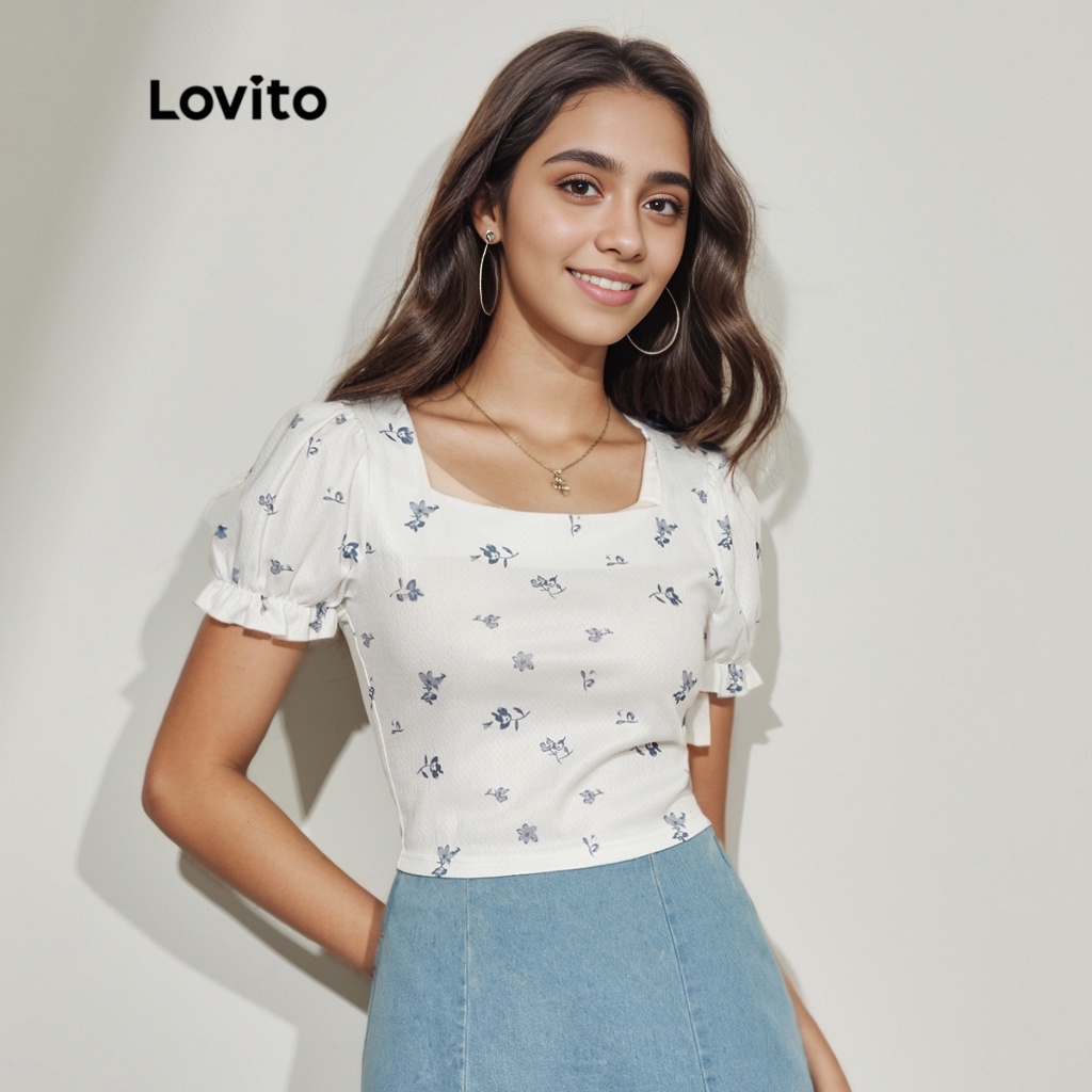Lovito Camiseta Casual Floral Manga Bufante Gola Quadrada Para Mulheres L45ED080 (Multicolorido) - Women Clothes