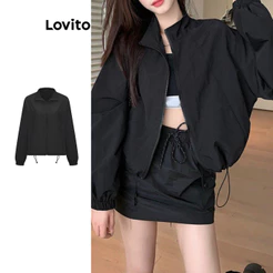 Lovito Casual Jaqueta Com Zíper E Bolso Corta-Vento Com Cordão/Jaqueta Impermeável Para Mulheres L100MD285