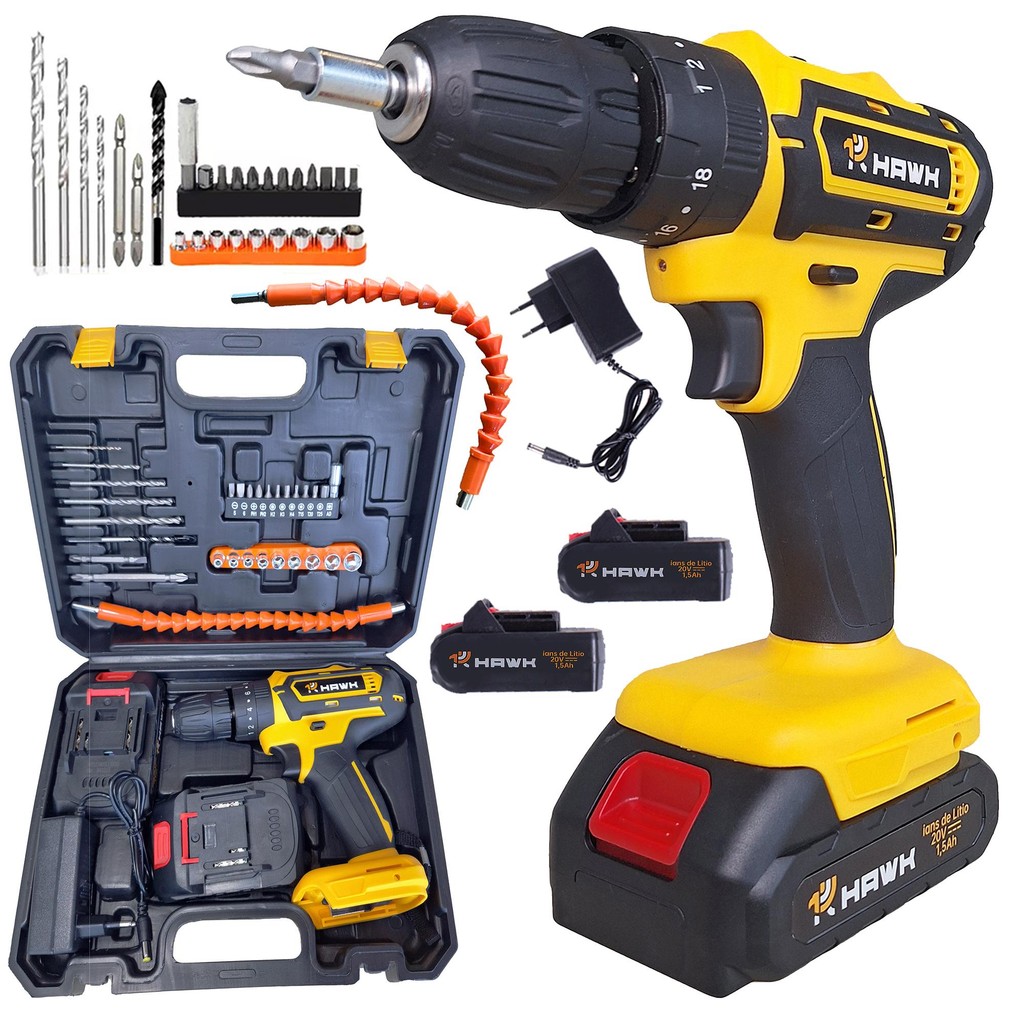Parafusadeira Furadeira de Impacto 20V com 2 Baterias de Lítio 1.5Ah Hawk em Oferta na Shopee