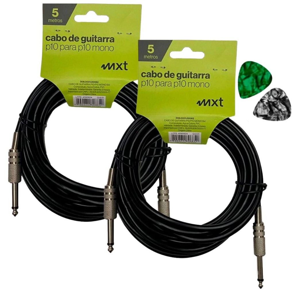 Kit 02 Cabo Violão, Guitarra, Instrumentos P10 P10 Mono 5 Metros + 2 Palhetas em Oferta na Shopee