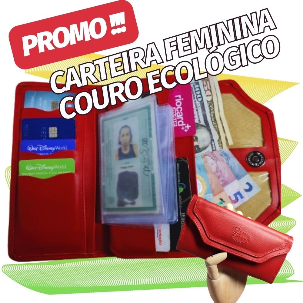 Carteira Feminina Couro Ecológico Porta Cartões Dinheiro Documentos Espelho