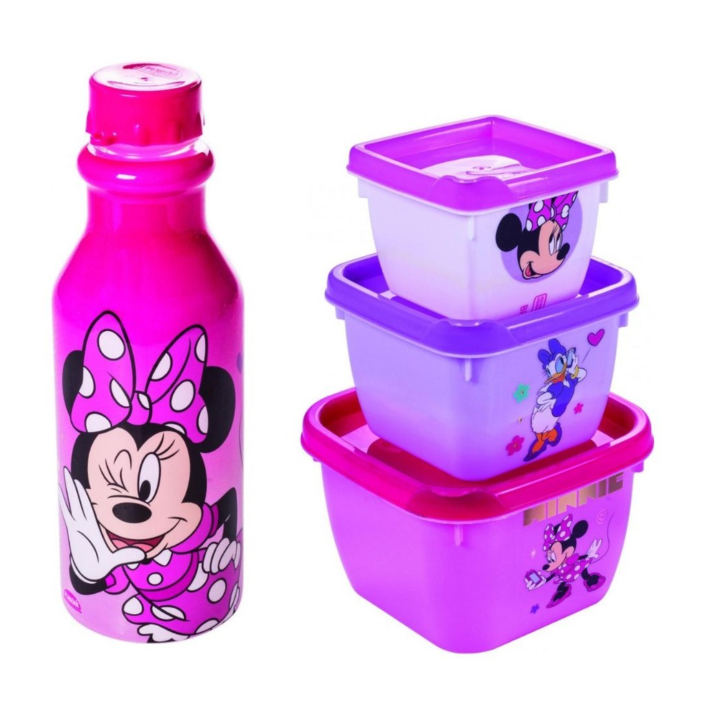 Kit 3 Potes para Armazenamento de Alimento Garrafa Plasútil Minnie Disney Lanche Volta as Aulas