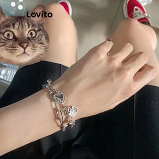 Lovito Casual Conjunto de Pulseira Feminina Lisa de Metal com Coração LNA28206 (Prateado)