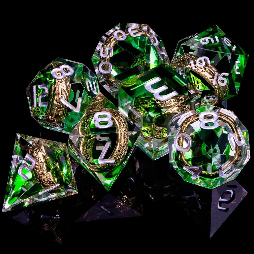 Kit 7 Dados RPG Senhor Dos Anéis Verde com Números Prata Luxo D&D O Um Anel Frodo Gollum LOTR Tolkien