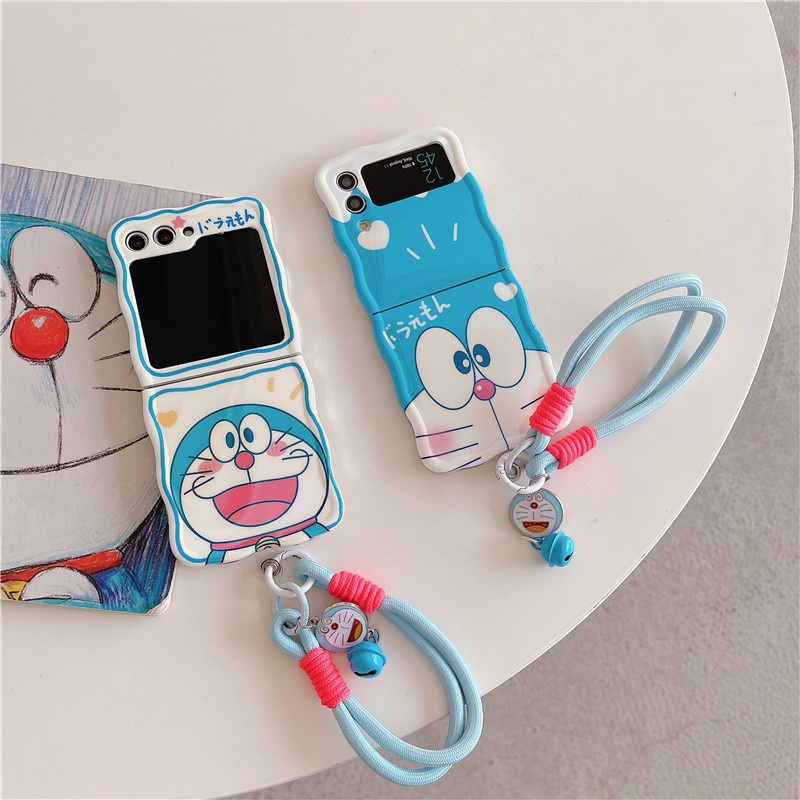 Para Samsung Galaxy Z Flip 3 4 5 Estojo De Desenho Animado Doraemon Telefone Com Alça De Mão Flip5 ZFlip5 Blu-ray Wave Capa À Prova De Choque Cordão