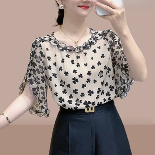 Blusa Chiffon Plus Tamanho Coreana Casual Floral Feminina Impressa De Manga Curta