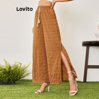 Lovito Casual Calça Feminina Lisa com Fenda Frontal e Cordão LBA05105 (Marrom)