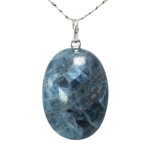 Colar Cabochão Oval Apatita Azul 25mm Pino Prata 950
