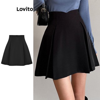 Lovito Casual Liso Short Evasê Feminino Plissado L65ED070 (Preto)