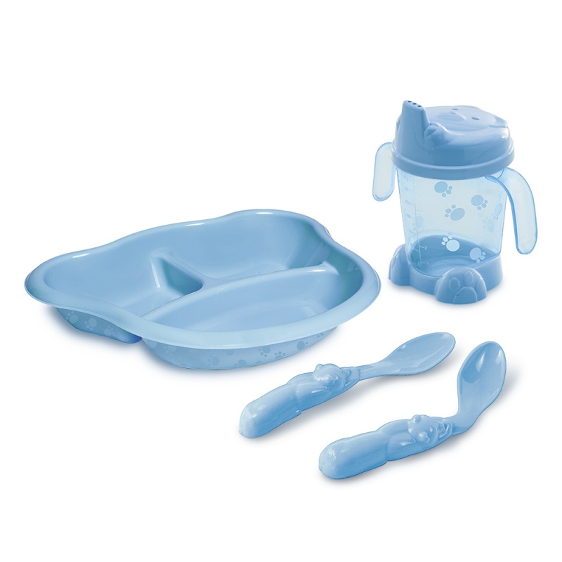 Kit Infantil Alimentação Papinha Papa Prato com Divisórias Porta-Suco Colheres Treinamento Transição Alimentar Desenvolvimento Infantil Ursinho