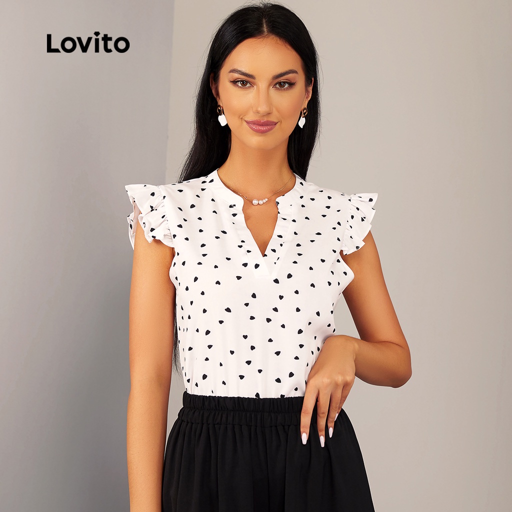 Lovito Blusa De Gola V Elegante Com Manga De Boca De Coração L20D1496 (Branco)