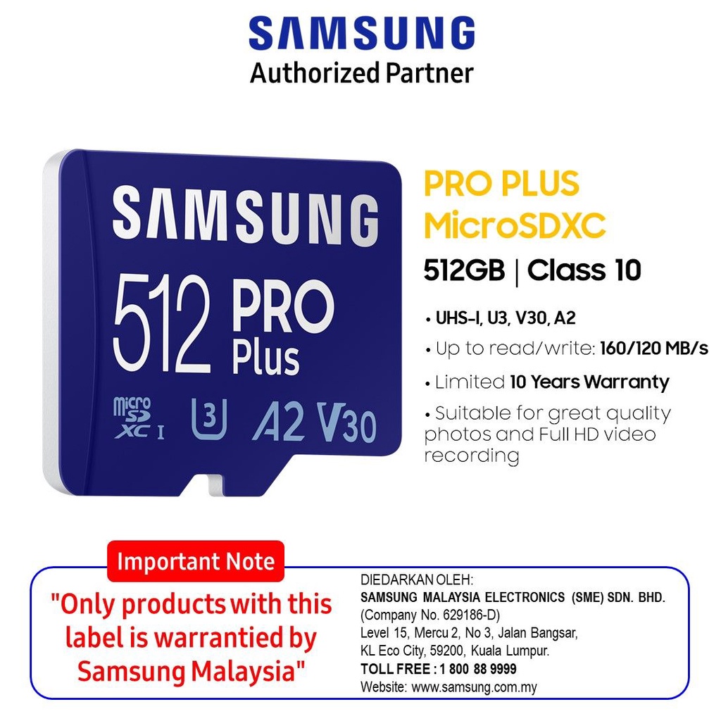 Cartão De Memória Samsung 512GB PRO Plus (2024) (MB-MD512KA) Classe 10 UHS-I microSDXC C . Adaptador 160MB/s-Escreva 120MB