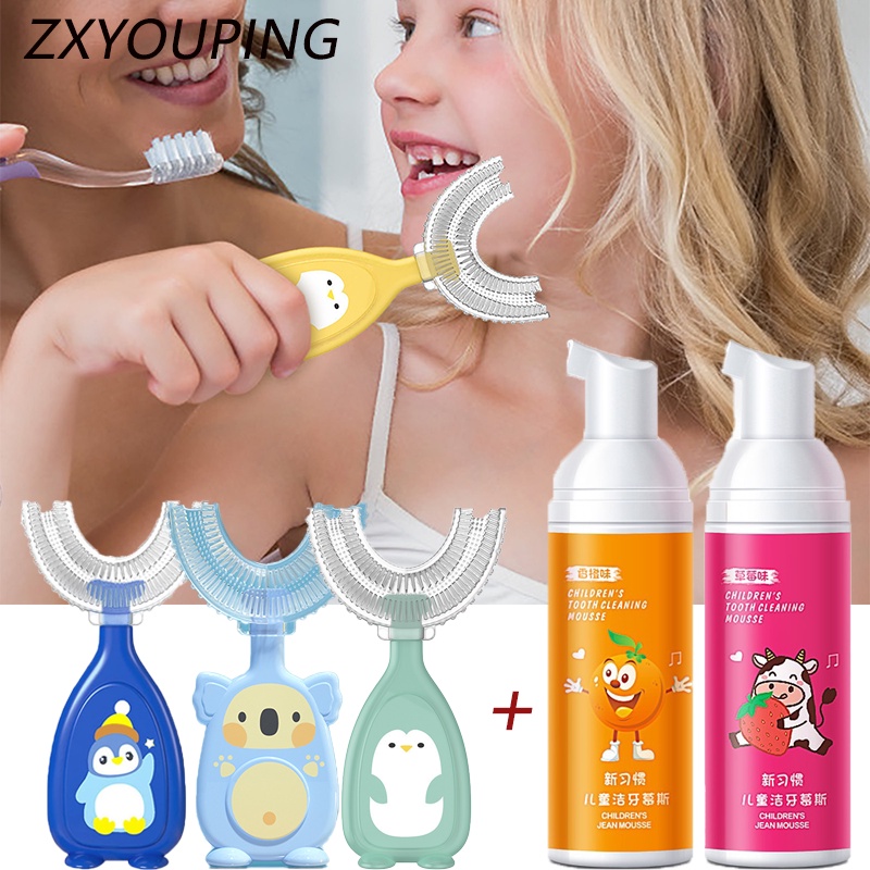 2-12 Anos De Idade 360 ° Escova De Dentes Em U De Silicone Limpeza Oral Infantil E Conjunto De Mousse De Espuma De Morango Com Sabor Laranja Para Crianças em Oferta na Shopee