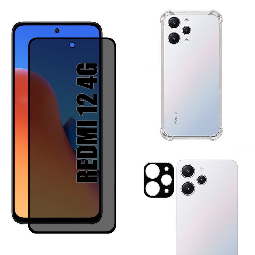 Kit Para Redmi 12 4g | Película de Privacidade 3D - Capa Anti Shock - Película da Câmera 3D
