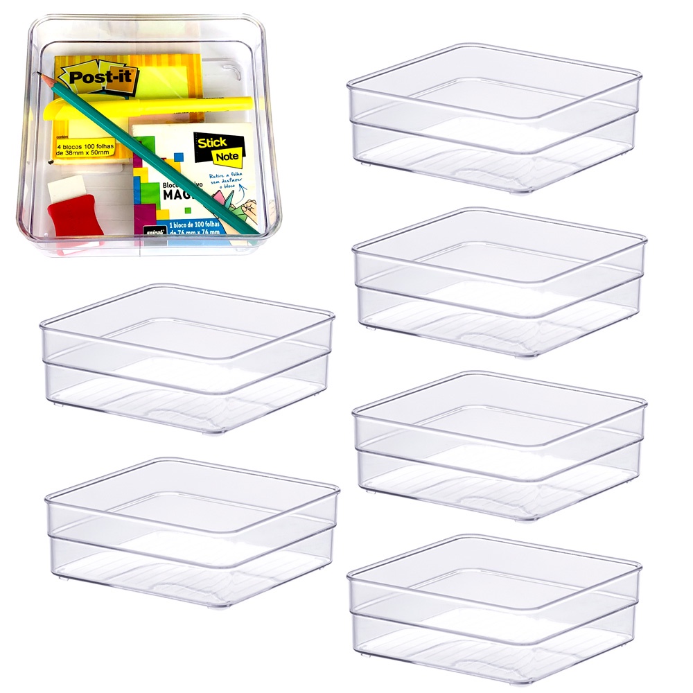 Kit 6 Organizador modular acrílico quadrado maquiagem cosméticos closet porta talher gaveta armário cozinha material de escritório caneta post-it Paramount