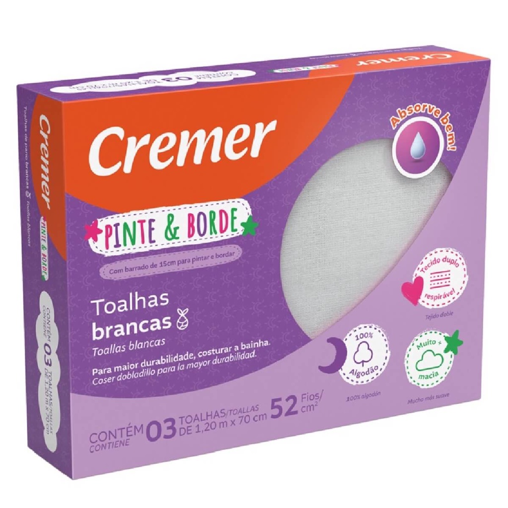 Toalha Fralda Infantil Pinte e Borde Branca 70x120cm Kit 3 Unidades Algodão Bebê