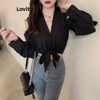 Lovito Blusa Casual Lisa Com Ombro Frio E Gravata Frontal Para Mulheres LNA38240 (Preto)