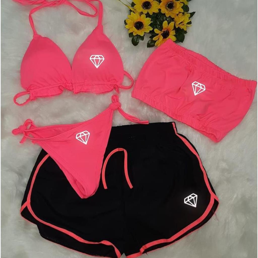 Conjuto Biquini com Bojo + Top + Short Tactel Estampa Refletiva