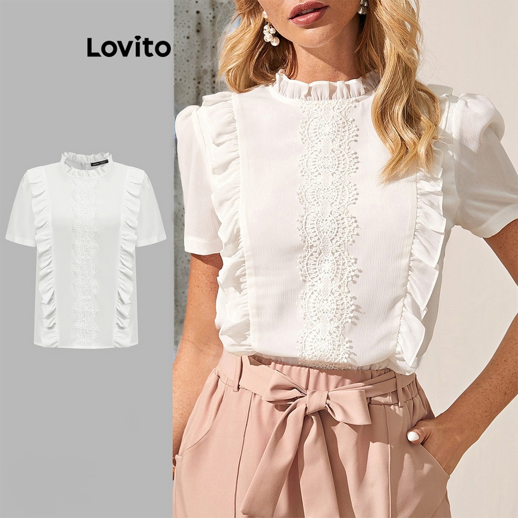 Lovito Blusa Elegante Com Costura Em Tecido Liso E Babados Para Mulheres L80ED016 - Women Clothes