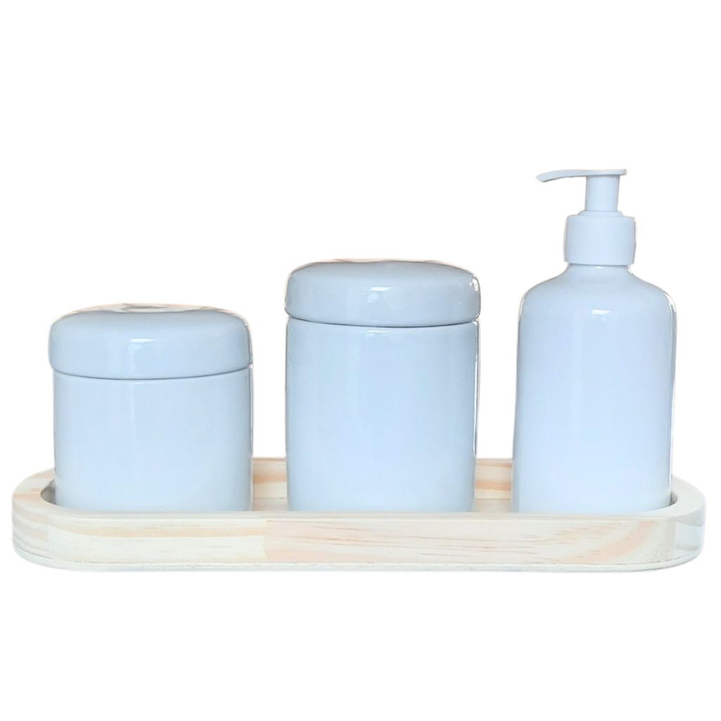 Kit higiene bebê 4 peças - Bandeja, potes e porta álcool - Peças porcelana bandeja pinus