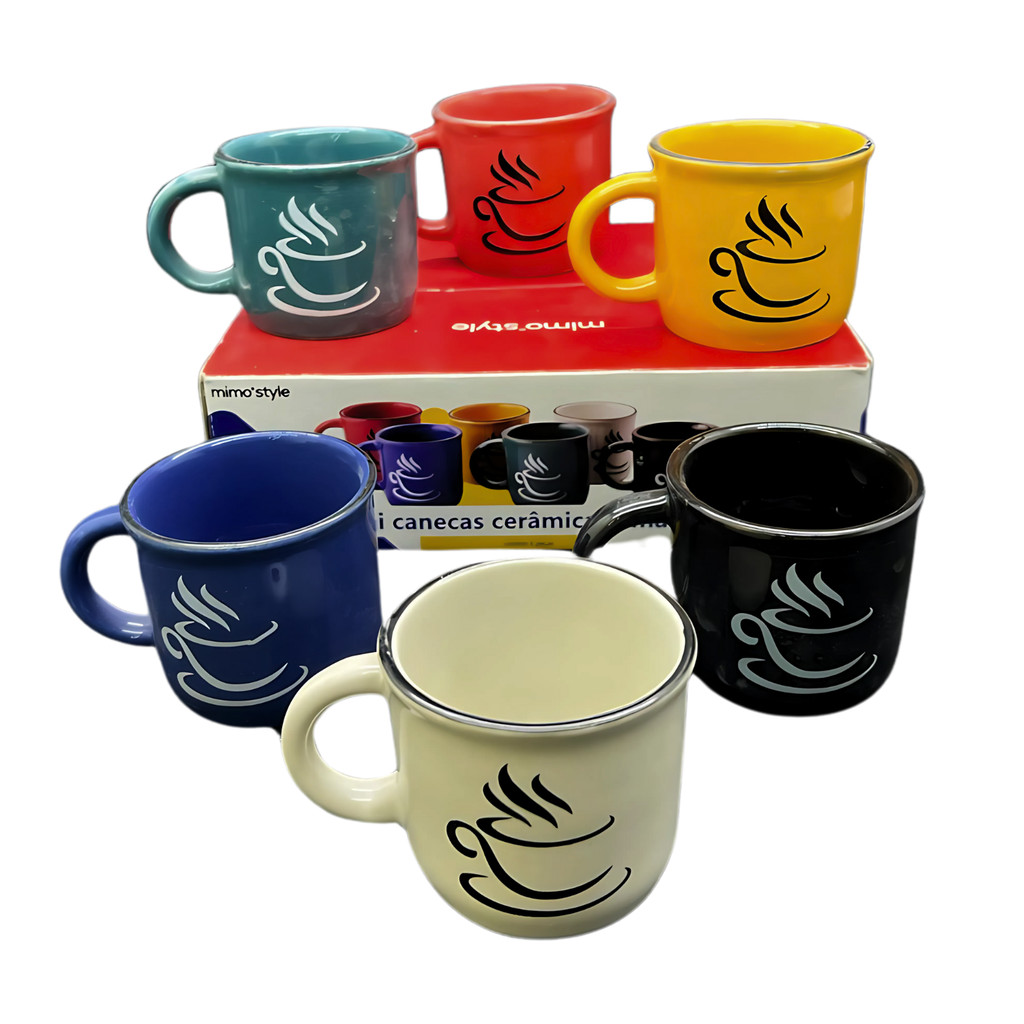 Jogo Mini Canecas Xícaras 6 Peças Cerâmica Esmaltada Para Café Expresso 60ml Coloridas em Oferta na Shopee