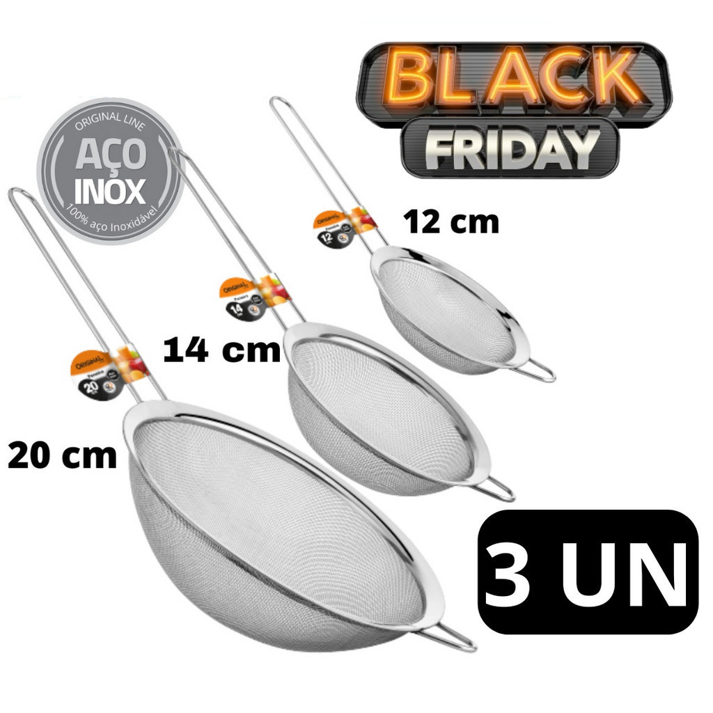 KIT 3 Peneiras 12 cm 14 cm e 20 cm  De Aço Inox Utensílios De Cozinha em Oferta na Shopee