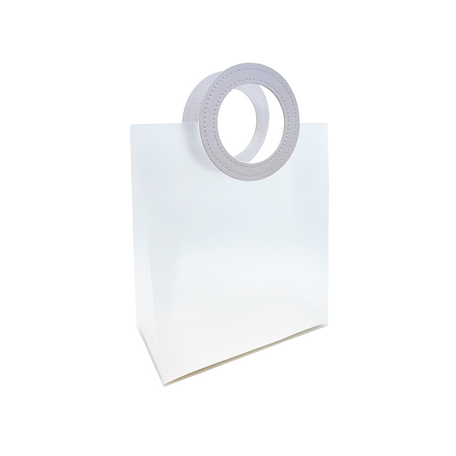 Sacola Transparente Fosca PVC com Alça Redonda de Couro Branco - 18,5x16x8cm  - 10 unidades - Rizzo