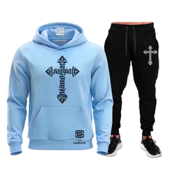 Conjunto Moletom crucifixo tribal Fé Moda Cristã Casaco Blusa De Frio + Calça moleton canguru com bolso e capuz