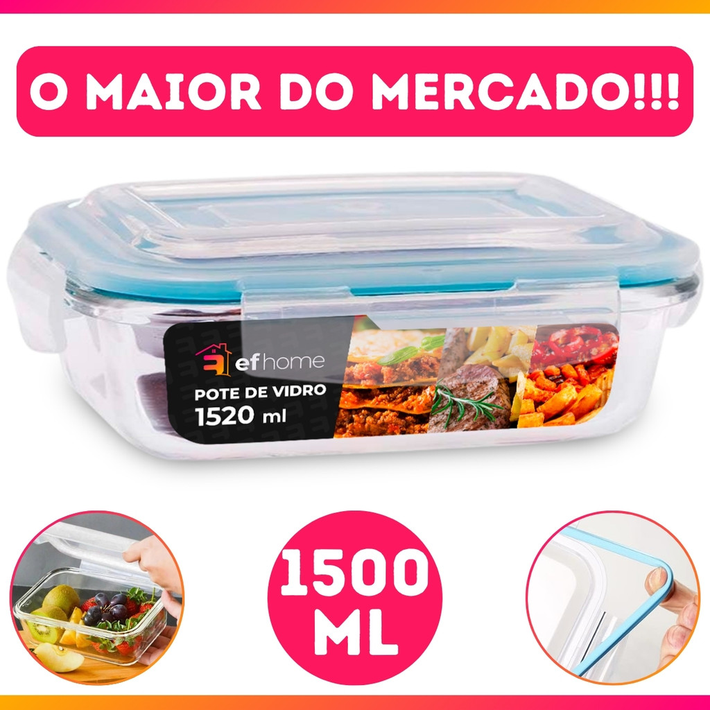 1 Unidade Pote de Vidro Hermético Marmita Tampa 4 Travas 1520ml