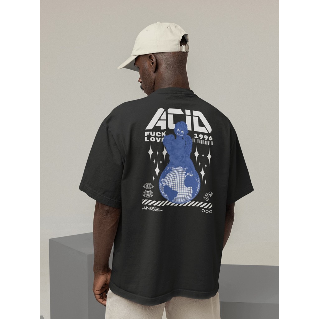 Camiseta Oversized Gola Alta Streetwear Masculino e Feminino 100% Algodão  e Dia a Dia Preto e Off Whte Estampado - ACID