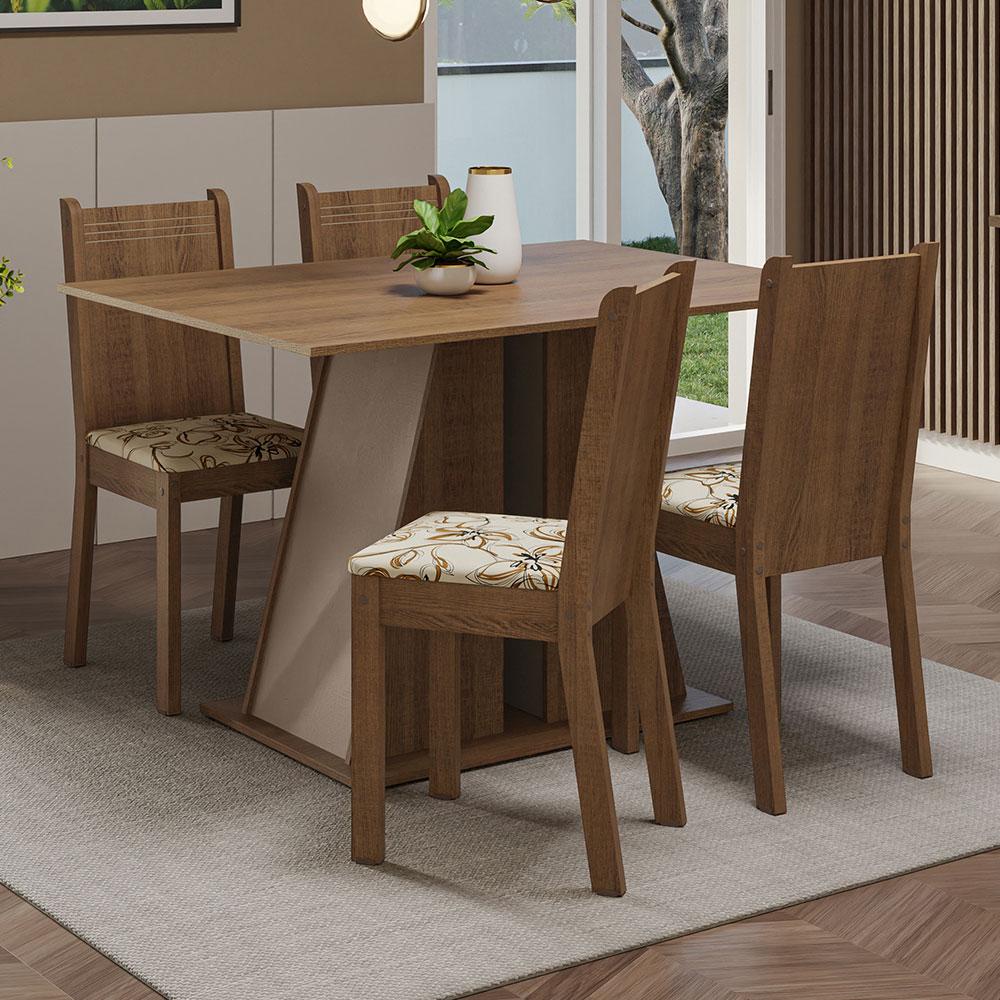 Conjunto Sala de Jantar Mesa Tampo de Madeira 4 Cadeiras Rustic/Crema/Lírio Bege Marilyn Madesa - Home & Living