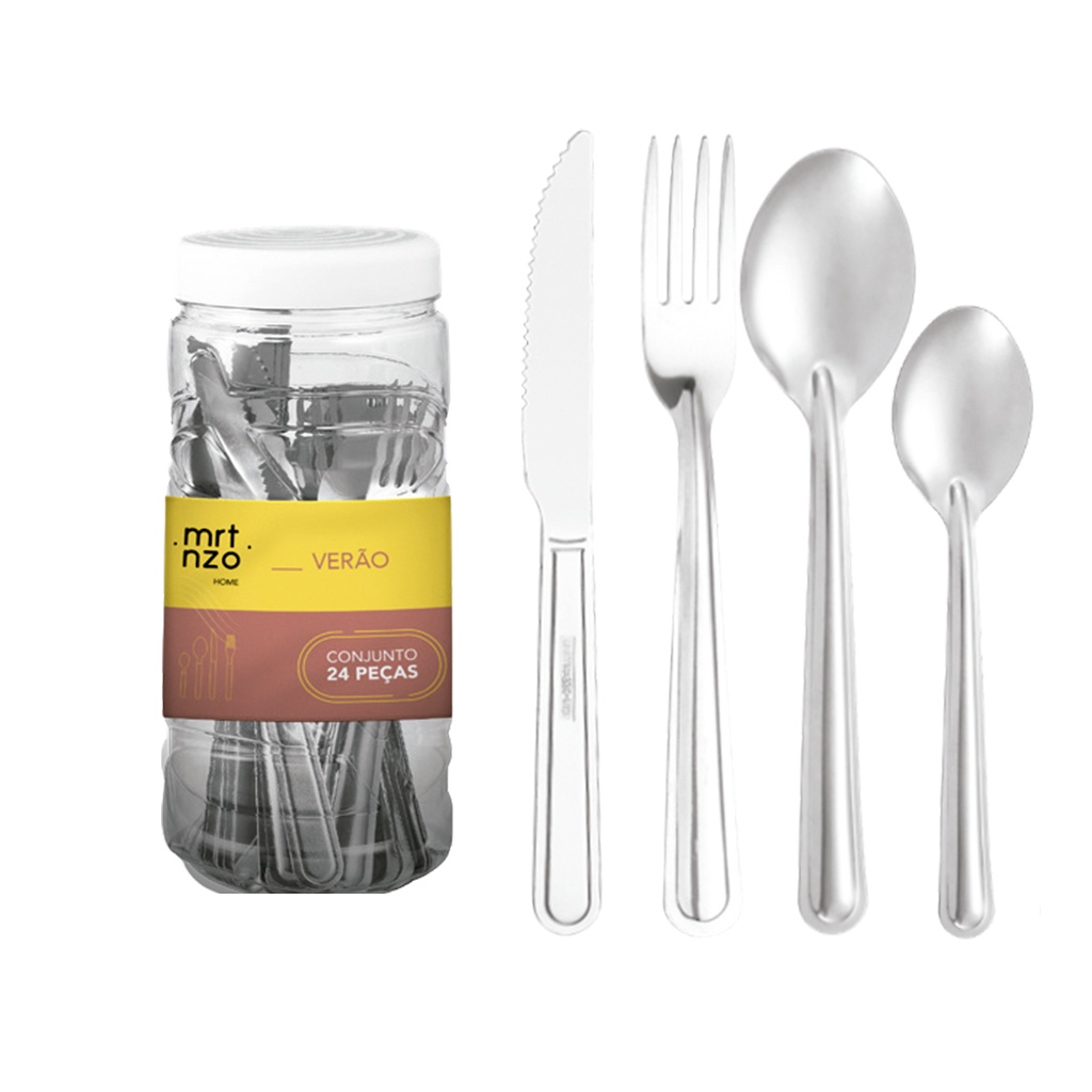 Conjunto Talheres em inox 24 peças + Pote Jogo Faqueiro em Inox 24 pçs + Pote jogo de talher Martinazzo