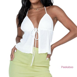 Pkb-Women Halterneck Crop Tops Summer Solid Color Bandage Aberto Frente Sem Manga Streetwear