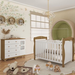 Quarto de Bebê Completo Berço Americano Marquesa 3 Em 1 Cômoda Uli 4 Gavetas 1 Porta Branco Carvalho 100% MDF Móveis Peroba