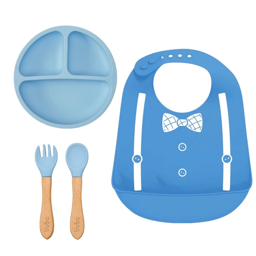 Kit Refeiçao Silicone Pratinho Ventosa + Talheres + Babador