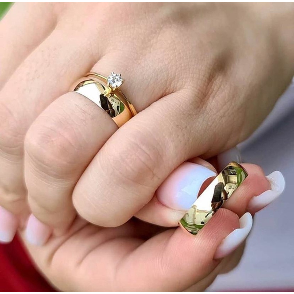 Alianças Par Casamento OURO Banho 6mm Antialergica 3 itens em Oferta na Shopee