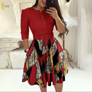 Vestido Elegante Feminino Feminino de Moda de Verão 2023 Moda de Verão Impressão Cor Correspondente Desenho de Bolso com Zíper Casual de Pescoço Redondo Vestido Feminino de Meia-Calça com Cinto