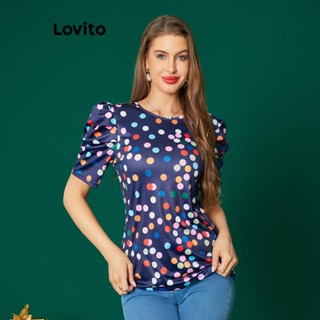 Lovito Casual Blusa Feminina com Estampa de Bolinha e Laço Traseiro LBA05077 (Azul Escuro)