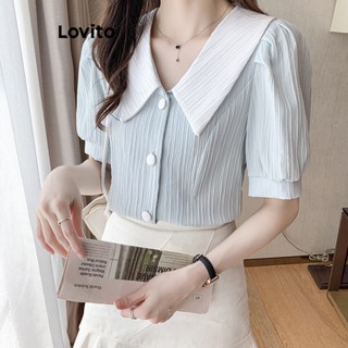 Lovito Casual Blusa Feminina Lisa Colorblock com Botão LNE27074 (Azul Claro)