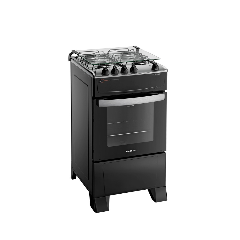 Fogão 4 Bocas Preto com Mesa Inox Atlas Atenas Bivolt - Home Appliances