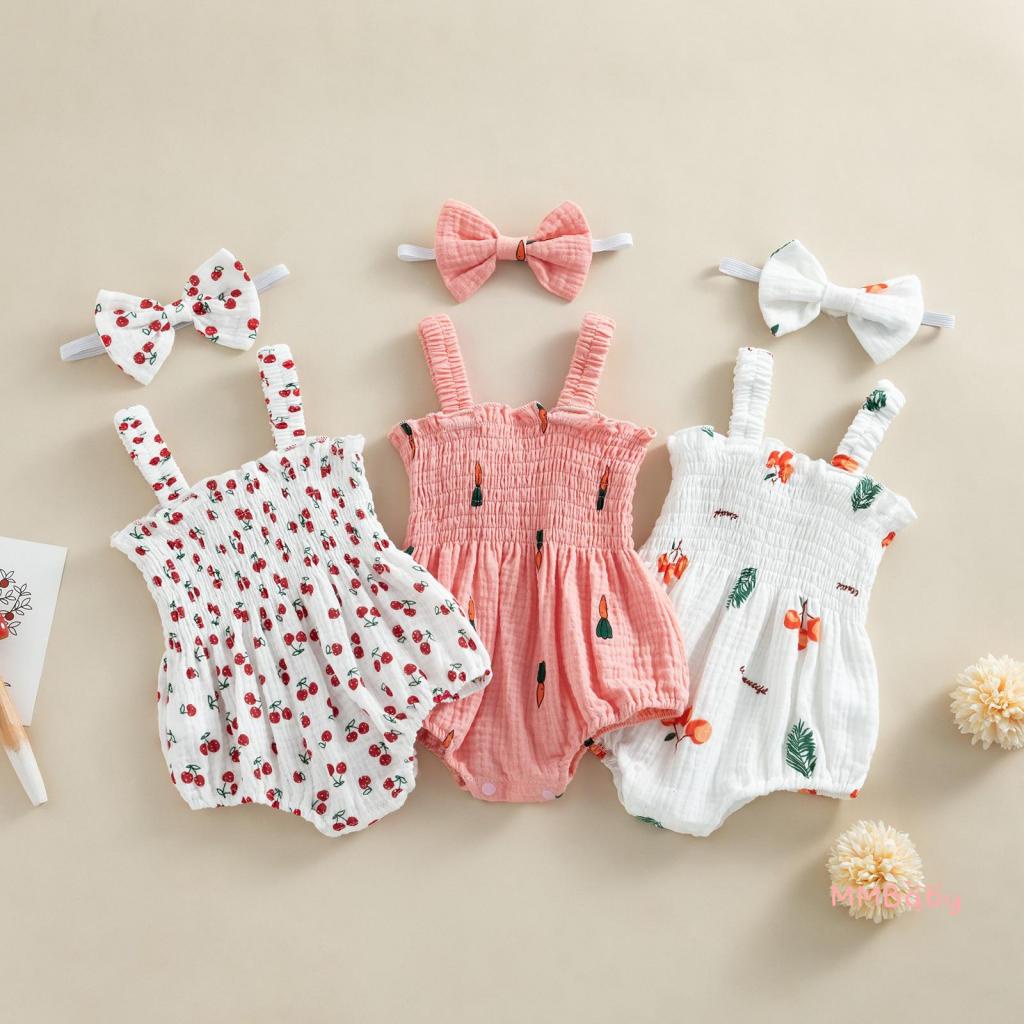Mmb-Baby Girl 2Pcs Roupas De Verão , Cereja Sem Mangas/Cenoura Árvore Romper Com Fita De Cabeça em Oferta na Shopee