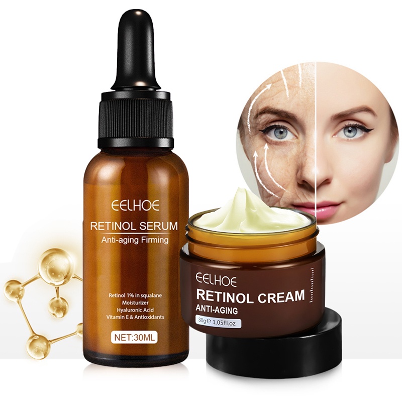 2PCS Retinol Creme Facial Conjunto Removedor De Rugas Firmador Levantador Fade Linhas Finas Sérum Clareador Hidratante Cuidados Com A Pele