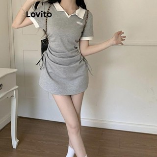 Lovito Vestido Casual Patchwork Com Cordão E Franzido Para Mulheres LNE37386 (Cinza)
